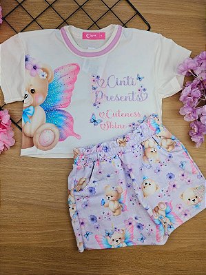 Conjunto Blusa Boxy e Short Saia Ursinha Lilás Cinti