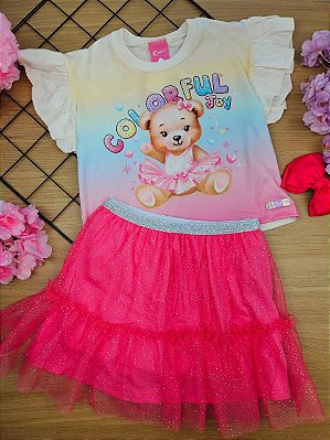 Conjunto Blusa Boxy e Short Saia Ursinha Colorida em Tule Cinti