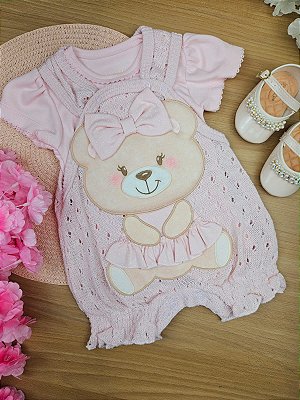 Conjunto Body e Macaquinho em Tricô Ursinha Rosa Upi Uli