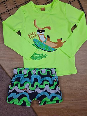 Conjunto Cachorrinho Camiseta e Sunga Boxer com Proteção Solar Verde Flúor Up Baby