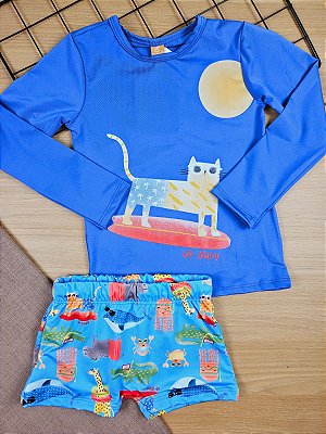 Conjunto Gatinho Camiseta e Sunga Boxer com Proteção Solar Azul Up Baby