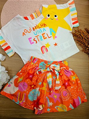 Conjunto Blusa em Malha e Short em Viscose Estrelinha Três e Já