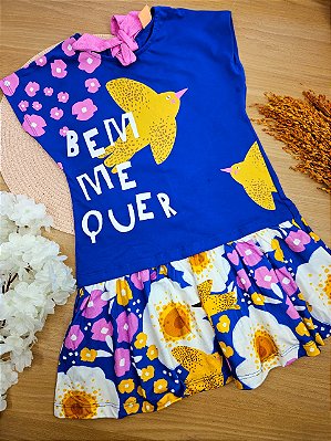 Vestido em Meia Malha Azul Passarinho Três e Já