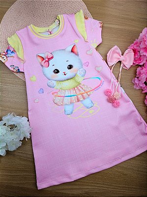 Vestido em Fly Tech Gatinha Rosa Kukiê