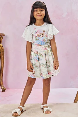 Conjunto de Blusa em Cotton e Saia em Molecotton (com Shorts Embutido) Kukiê