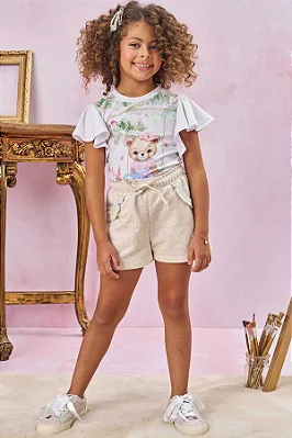 Conjunto de Blusa em Meia Malha e Shorts em Moletom Linho sem Pelúcia Kukiê