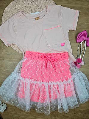 Conjunto Blusa e Short Saia Tule Estrelinhas Up Baby