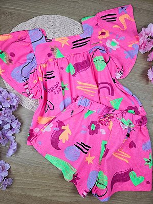 Conjunto Blusa e Short em Meia Malha Happy Up Baby