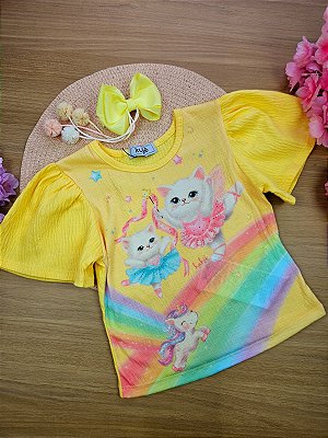 Blusa em Malha Wave Amarela Gatinhos Kukiê