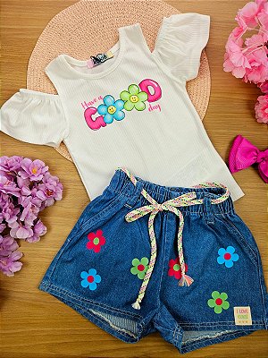 Conjunto de Blusa em Canelado e Shorts em Jeans Arkansas Kukiê