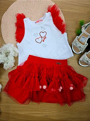 Conjunto Blusa e Saia Corações Vermelho Mon Sucré