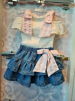 Conjunto Blusa Canelada Laços Xadrez Vichy e Saia Jeans Animê
