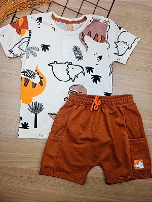 Conjunto Camiseta e Bermuda em Moletom Flamê Dinos Up Baby