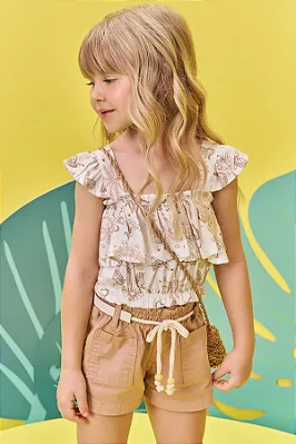 Conjunto de Blusa Cropped em Viscose Sarjada e Shorts em Sarja Onix com Elastano Infanti