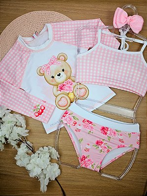Trio de Blusa Boxy e Biquíni em Malha Uv Dry com Proteção Uv 50+ Rosa Infanti