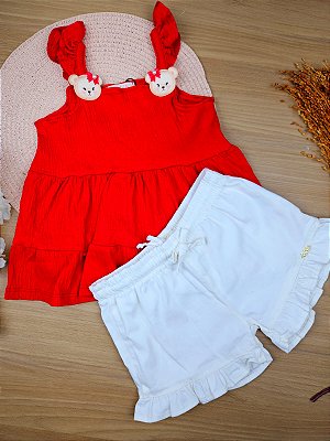 Conjunto de Bata em Malha Wave e Shorts em Sarja Ônix com Elástano Kukiê
