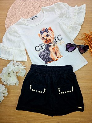 Conjunto de Blusa em Malha Wave e Short Saia em Molevisco Infanti