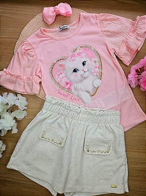 Conjunto de Blusa em Malha Wave e Short Saia em Molevisco Infanti