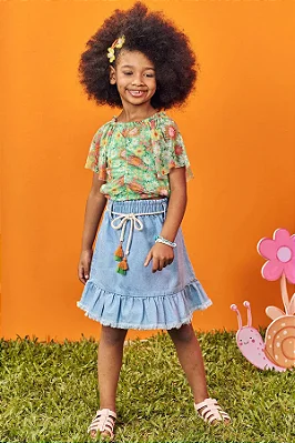 Conjunto de Blusa Boxy em Tule e Saia em Jeans Arkansas Kukiê