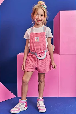 Conjunto de Jardineira em Moletom Relevo e Blusa em Meia Malha Kukiê