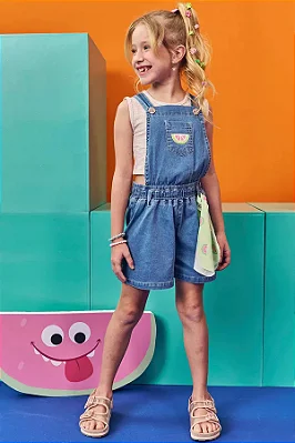 Conjunto de Top em Cotton Trabalhado e Jardineira em Jeans Liz Kukiê
