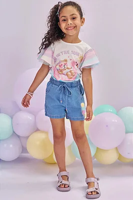 Conjunto de Short Jeans Liz com Elastano com Blusa em Canelado Mauí Kukiê