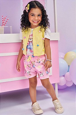 Trio de Body em Cotton, Shorts em Molecotton e Colete em Sarja com Ônix Elastano Kukiê