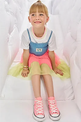 Conjunto de Vestido em Malha Power e Sobreposição em Jeans e Tule Infanti