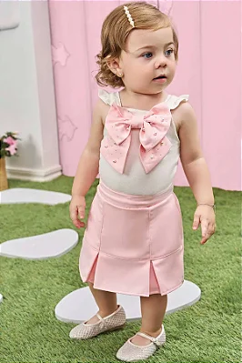 Conjunto de Body em Cotton com Short Saia em Super Cetim Infanti