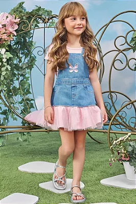 Conjunto de Blusa em Malha Wave e Salopete em Jeans Arkansas e Tule Infanti