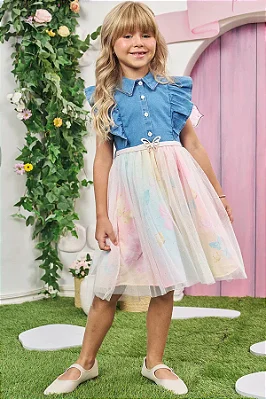 Vestido em Jeans Teca e Tule Infanti