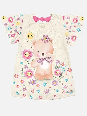 Vestido Bebê Menina Ursinha Com Flores Off White Mundo Cinti