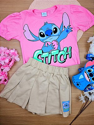 Conjunto Rosa Stitch Blusa e Short Saia 100% Algodão Fakini