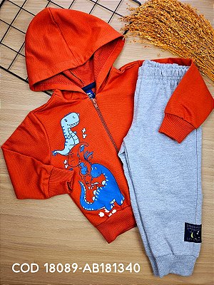 Conjunto Jaqueta e Calça em Moletom Peluciado Dino Laranja e Cinza Bee Loop