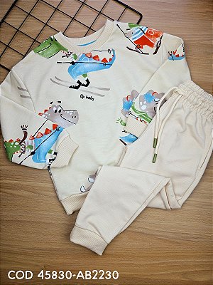 Conjunto Blusa e Calça em Moletom Peluciado Dino Bege Up Baby