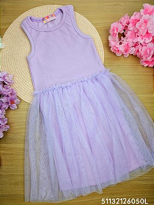 Vestido Regata Canelada com Tule Lilás Mon Sucré