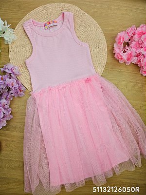 Vestido Regata Canelada com Tule Rosa Mon Sucré