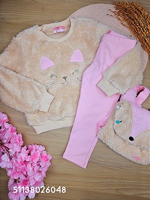 Conjunto Blusa em Moletom Pele e Legging em Malha 100% Algodão Gatinha Mon Sucré