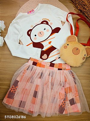Conjunto Blusa Manga Longa e Saia Ursinho com Sobreposição em Tule Mon Sucré