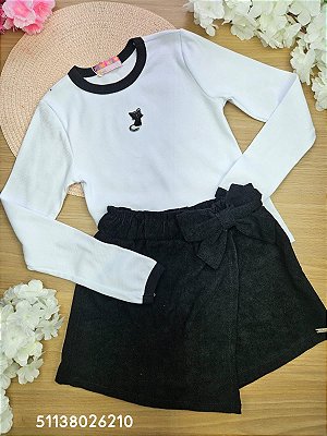 Conjunto Blusa em Ribana 100% Algodão e Short Saia Veludo Mon Sucré