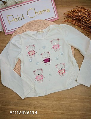 Blusa Manga Longa 100% Algodão Ursinhos Petit Cherie