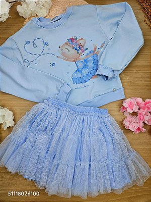Conjunto Blusão em Moletom e Saia com Short embutido Com Tule e Glitter Petit Cherie