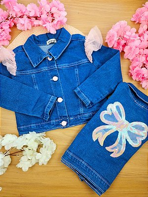 Jaqueta Jeans com Elastano e Babadinhos em Tule Infanti