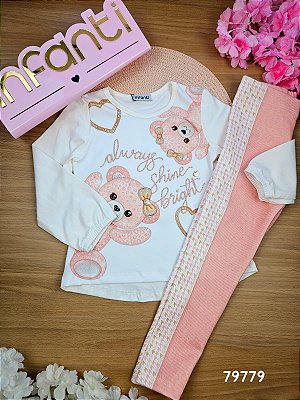 Conjunto de Blusa Alongada em Cotton e Calça Legging em Fly Tech Ursinhas Infanti