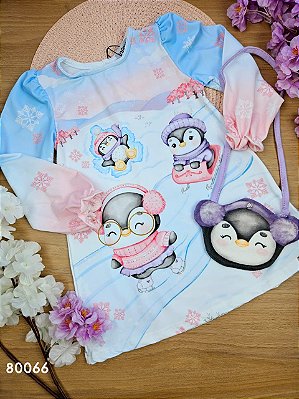 Vestido em Malha Comfy com Bolsa em Fleece Pinguim Azul Infanti