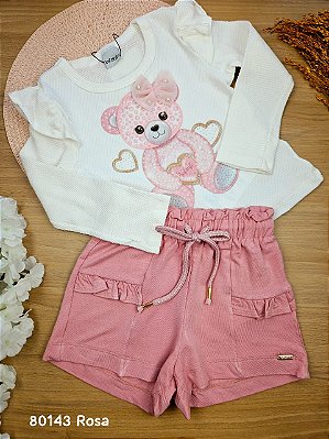 Conjunto de Blusa em Malha Bee e Shorts em Molevisco Ursinha Rosa Infanti