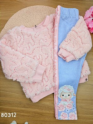 Conjunto de Blusão em Pelo Canelada Paetê com Calça Legging em Termoskin Térmica Peluciada Ovelhinha Infanti