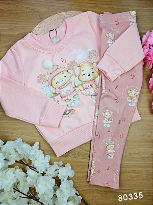 Conjunto de Blusão em Moletom com Pelúcia e Calça Legging em Termoskin Térmica Peluciada Ursinhas Friends Infanti