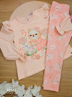 Conjunto de Bata em Malha Comfy e Calça e Cotton Jeans Gatinha Musical Infanti