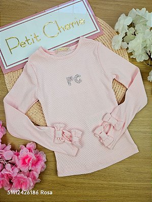 Blusa Manga Longa Canelada Lacinhos de Princesa Rosa Petit Cherie